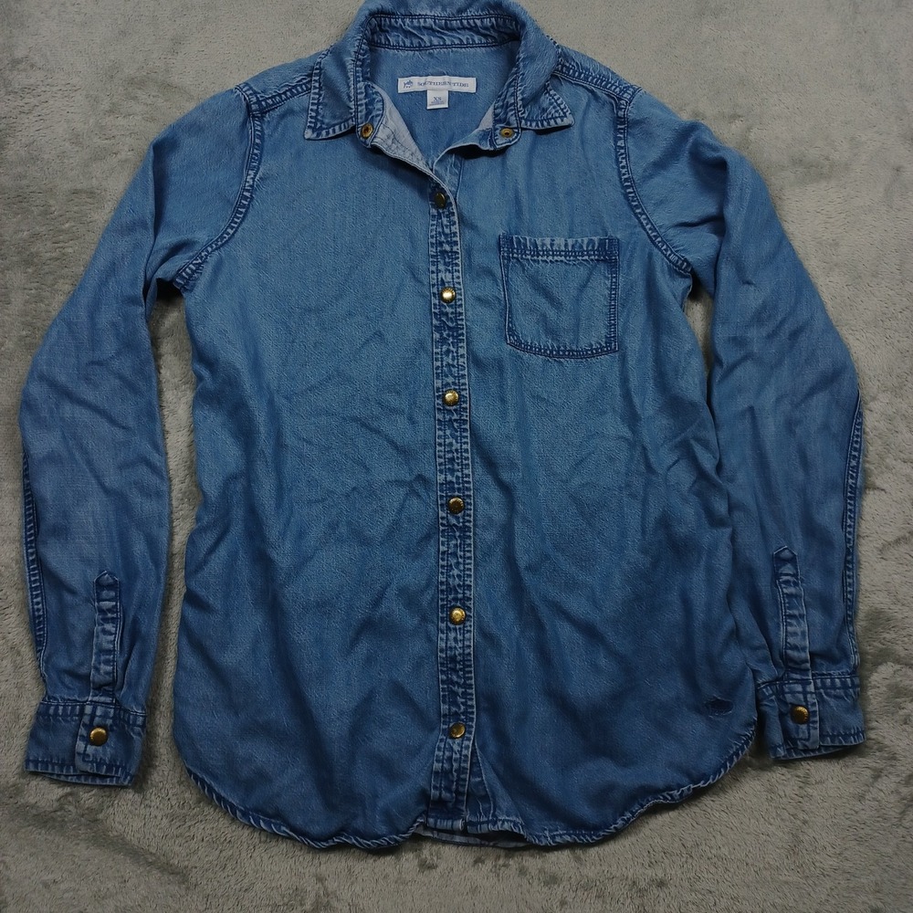 Southern Tide Top Womens XS‎ Blue Button Up Denim Long Sleeve Casual Tencel